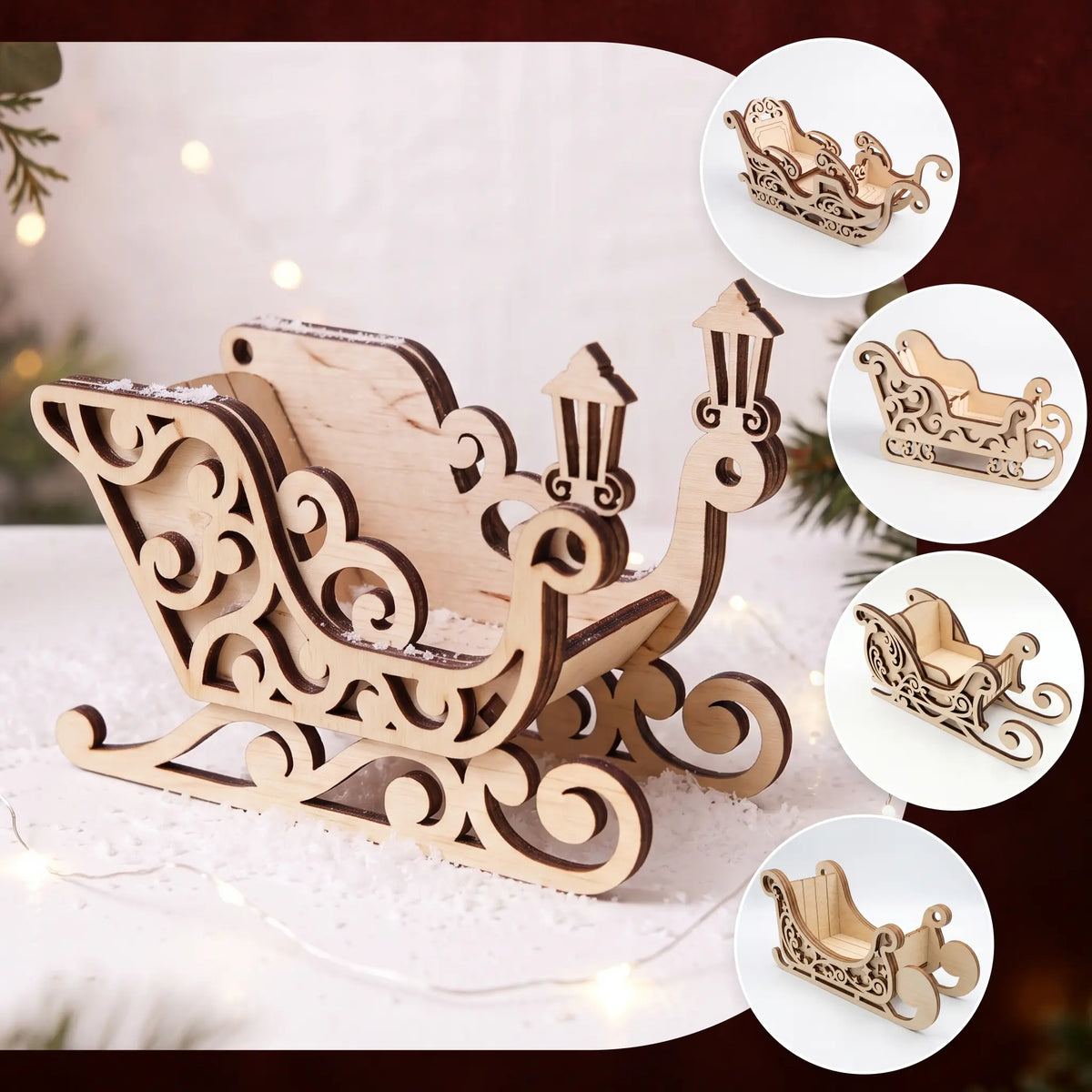 Laser cut plywood Santa sleigh model with ornate lantern runners shown in collage of multiple design views.