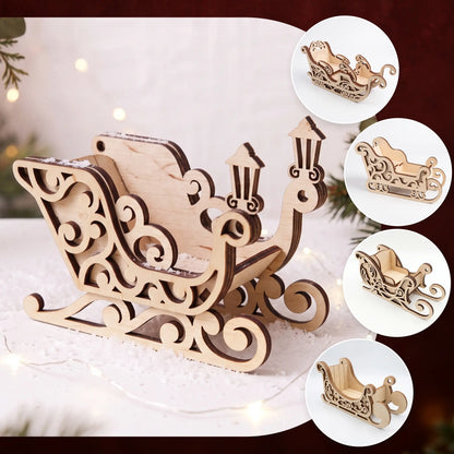 Laser cut plywood Santa sleigh model with ornate lantern runners shown in collage of multiple design views.