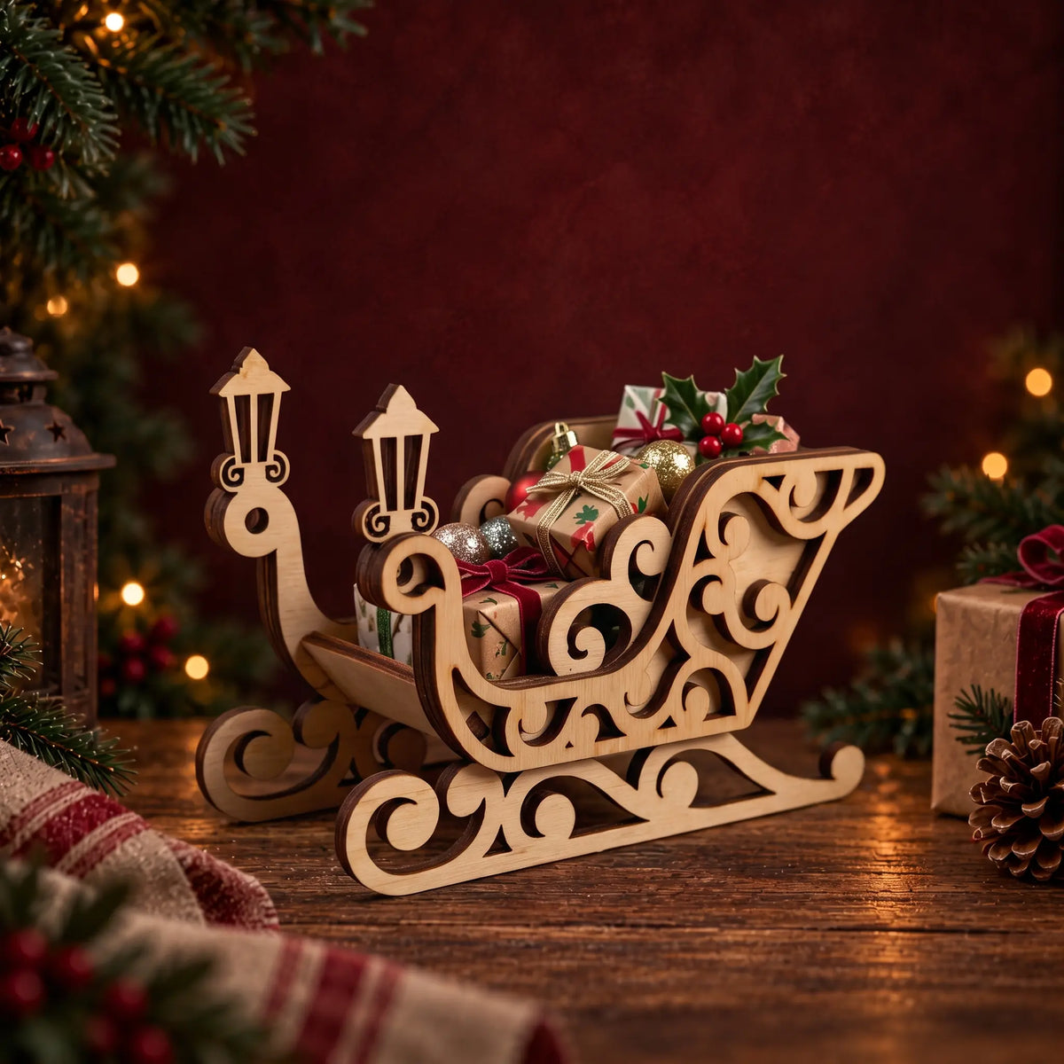 Laser cut plywood ornate Christmas sleigh loaded with miniature gifts on wooden table by holiday lantern.