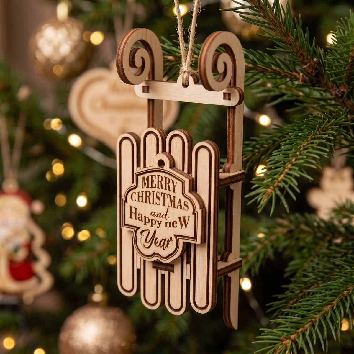 Angled view of laser cut plywood sleigh ornament hanging on a Christmas tree among glowing warm lights.