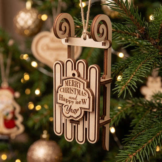 Angled view of laser cut plywood sleigh ornament hanging on a Christmas tree among glowing warm lights.