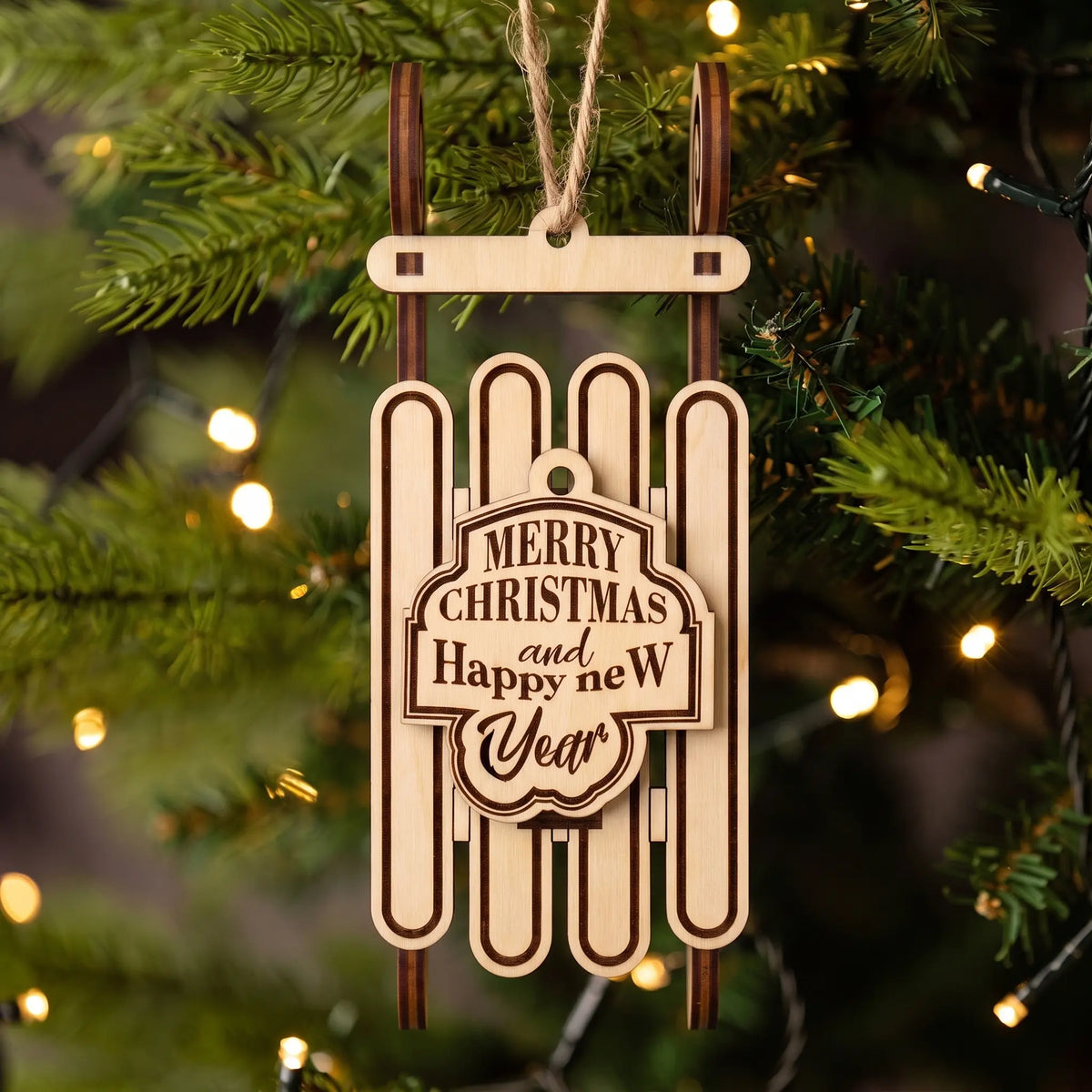 Laser cut plywood sled ornament hanging on illuminated Christmas tree, featuring engraved holiday greeting plaque