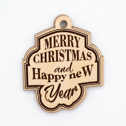 Detailed front view of laser cut plywood holiday plaque engraved with Merry Christmas and Happy New Year on white.