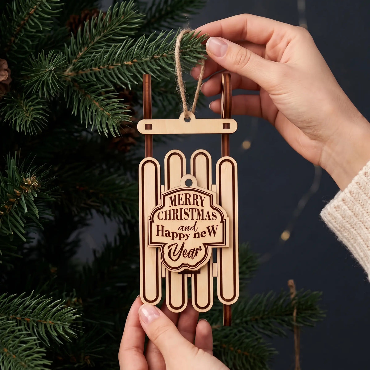 Hands hold laser cut plywood vintage sled ornament with engraved holiday greeting plaque showing scale near pine.