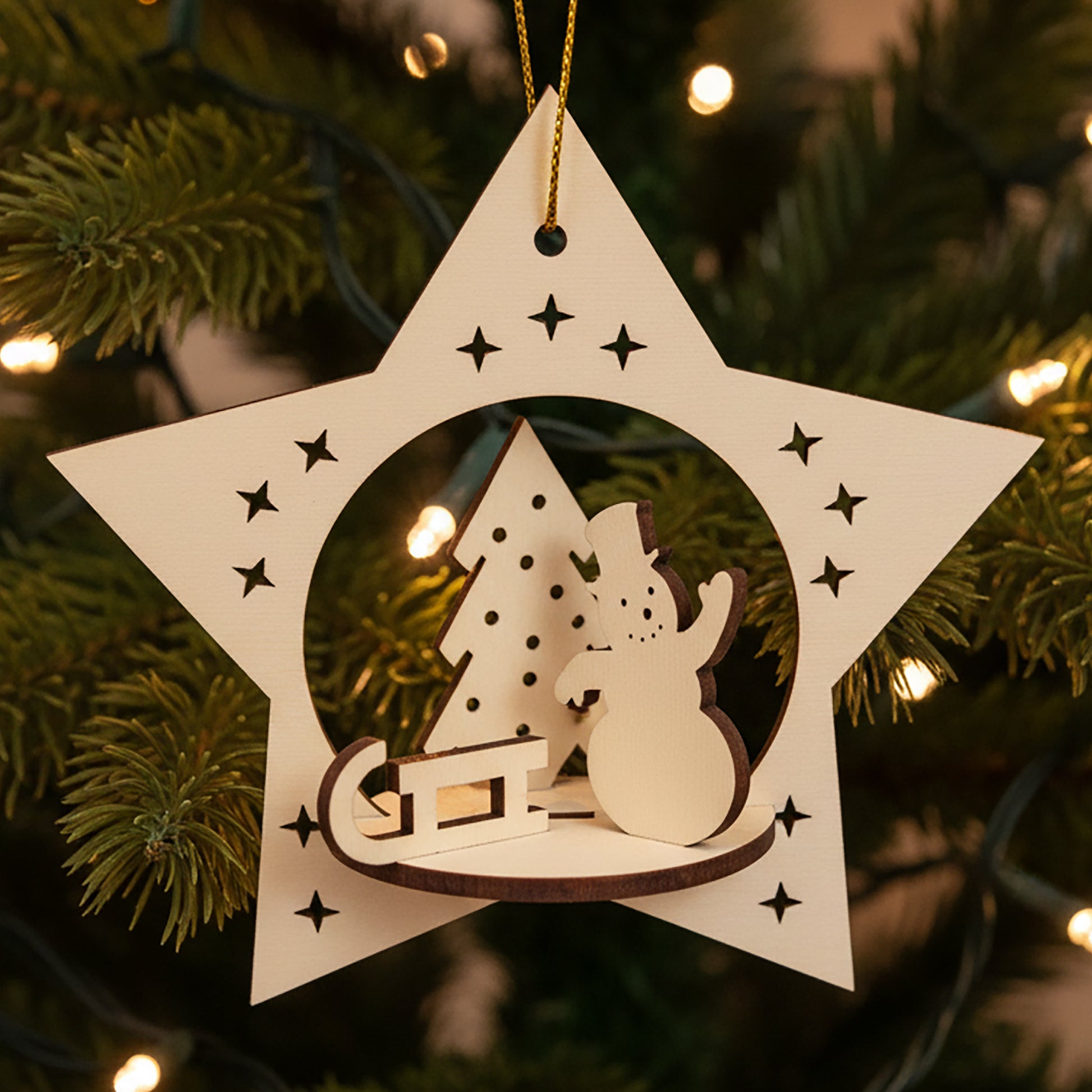 Laser cut wooden Christmas Snowman toy with a cheerful layered snowman waving next to a dotted Christmas tree and gift, framed in a hanging star with cut-out accents, displayed against a twinkling Christmas tree background.