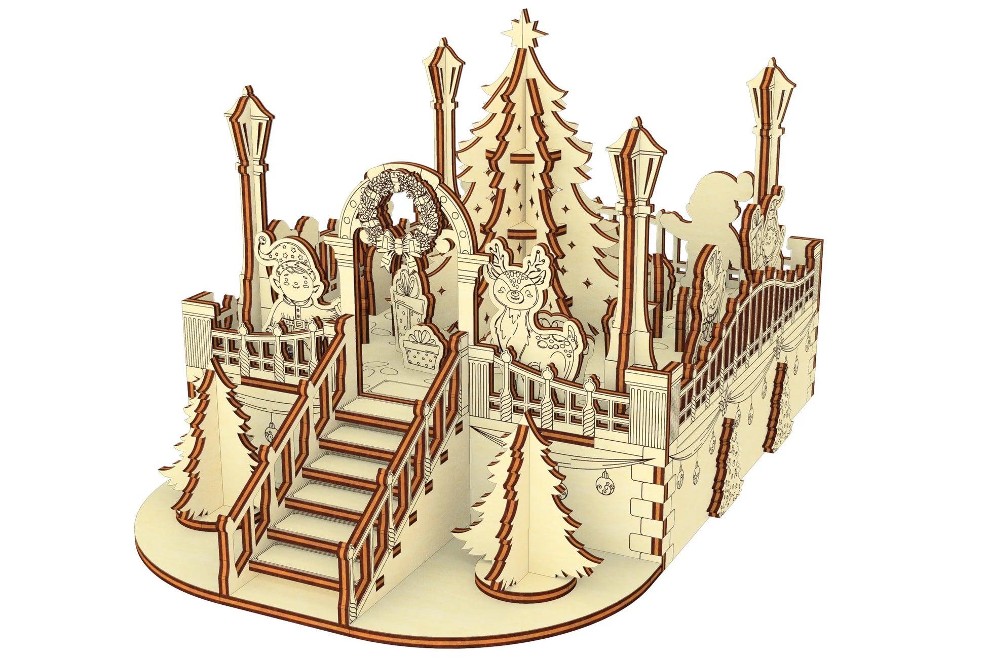 Isometric perspective drawing of the miniature winter scene design, showcasing a laser cut plywood archway and stairs.