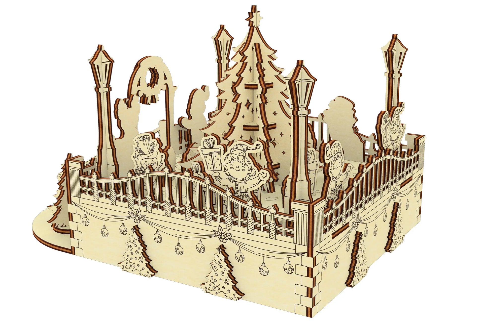 Side-back view vector render of the Christmas village layout, showing a decorated laser cut plywood fence base.