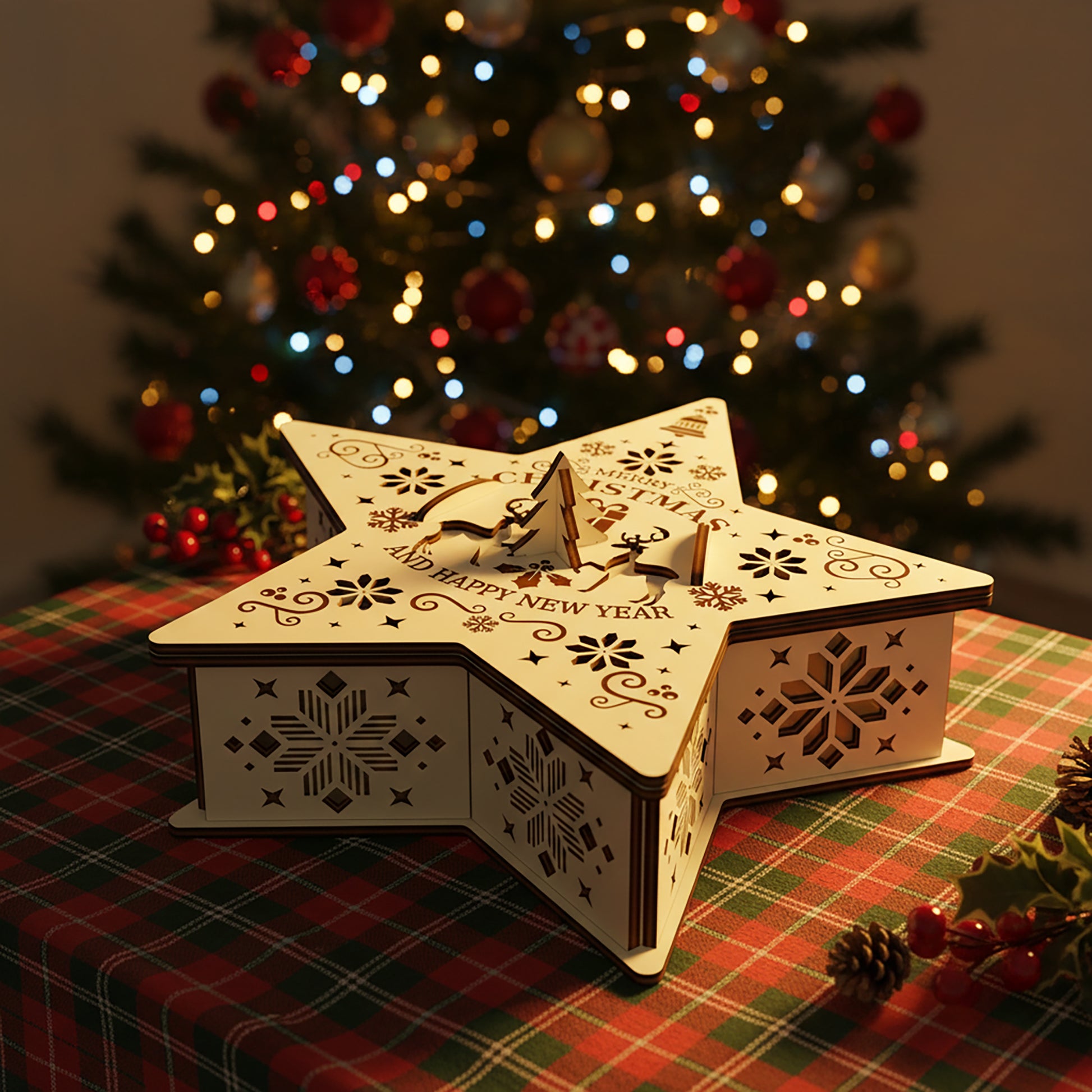 Delicate laser cut Christmas Star Box featuring festive cut-out designs of bells, stars and holiday greetings on a five-pointed star shape, set against a warm blurred Christmas tree glow background.