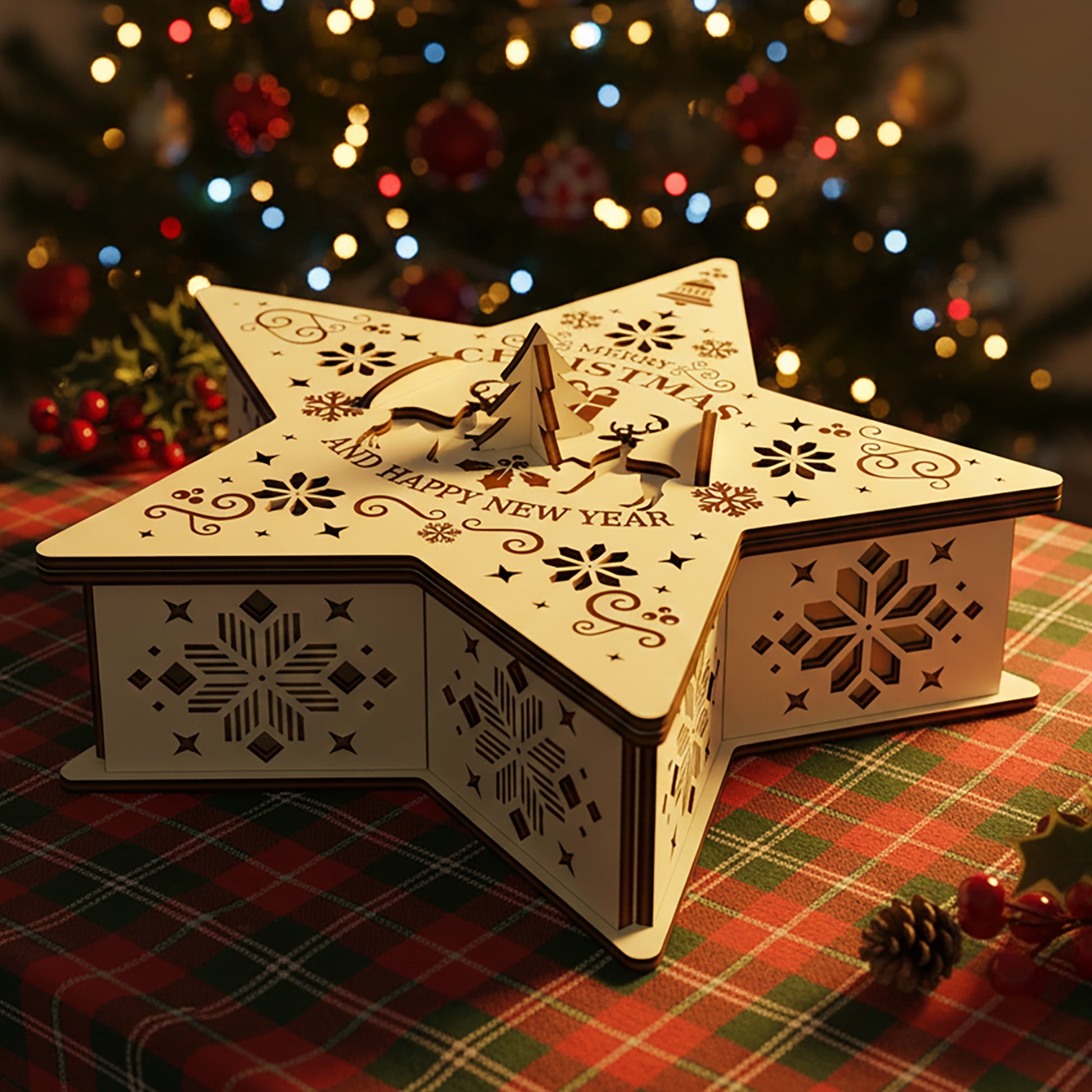 Laser cut wooden Christmas Star Box with intricate snowflake patterns, "Merry Christmas" and "Happy New Year" engravings, displayed against a colorful Christmas tree lights bokeh background.