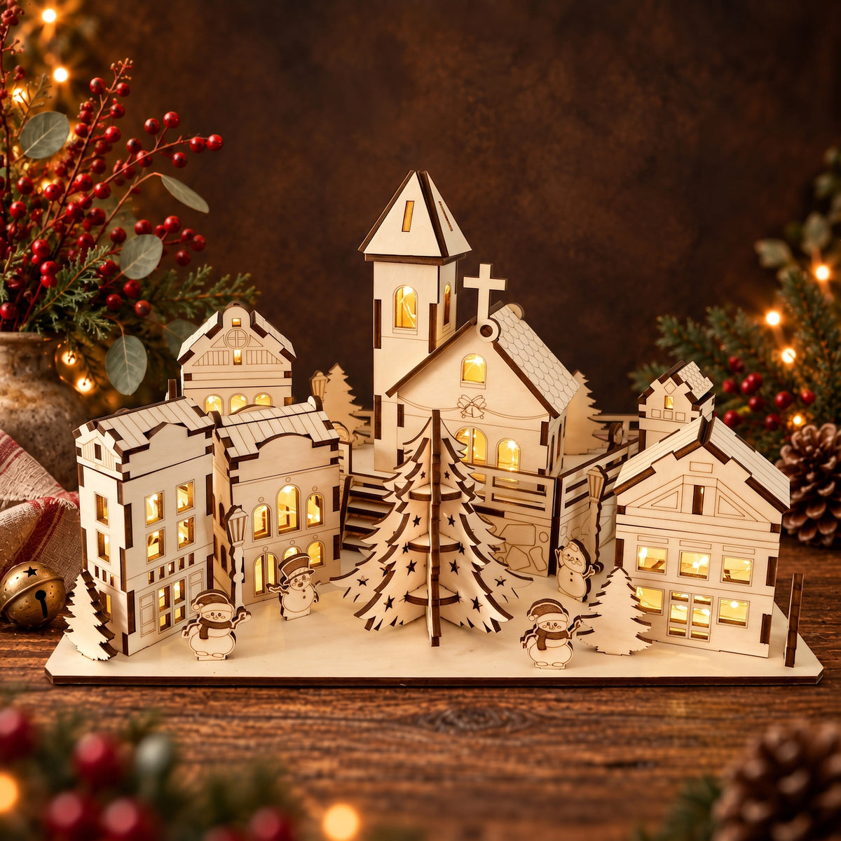 Illuminated laser cut plywood Christmas village diorama with church, townhouses, tree, and snowmen beside holiday greens.