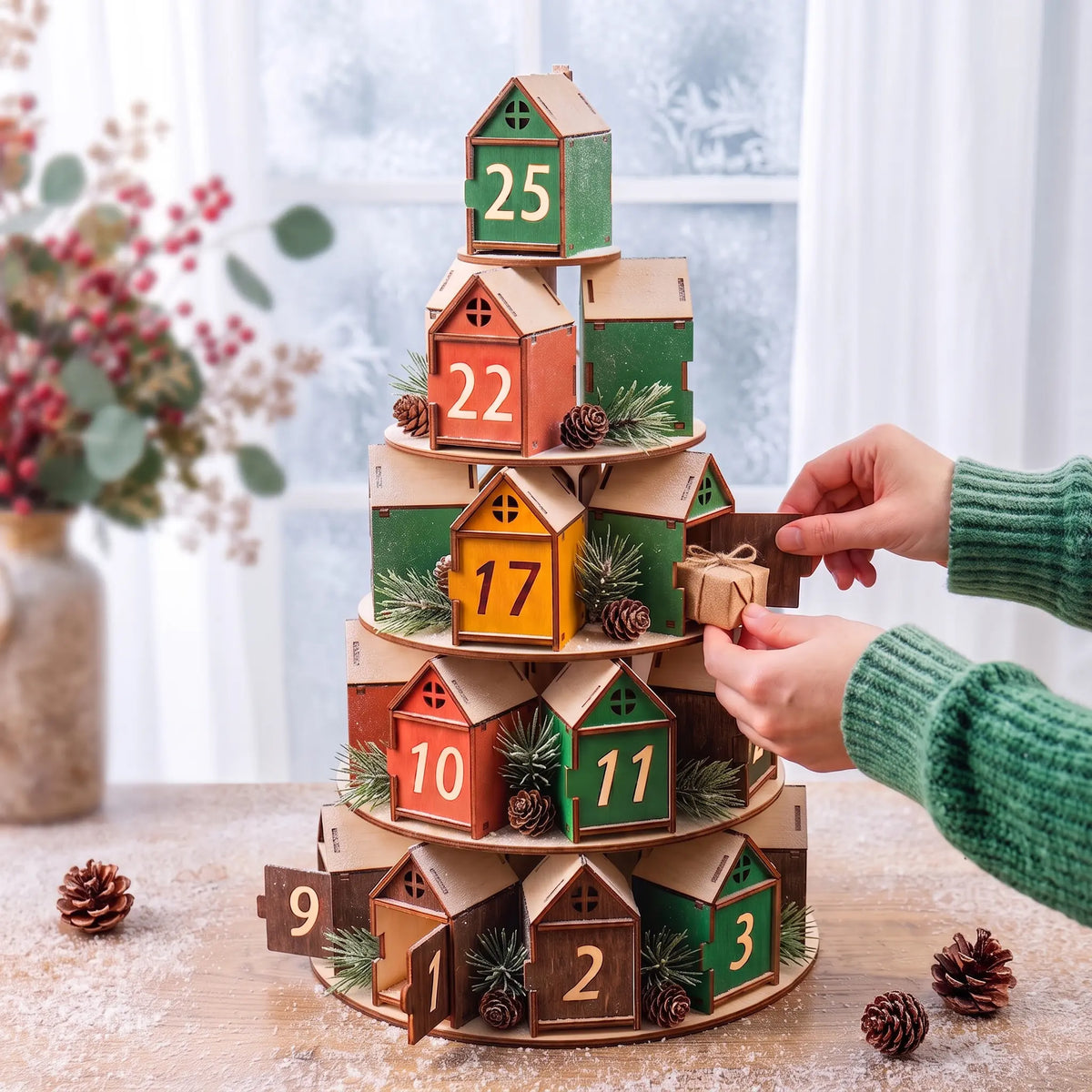 Hands place small gift box into painted tiered laser cut plywood tree advent calendar decorated with pinecones