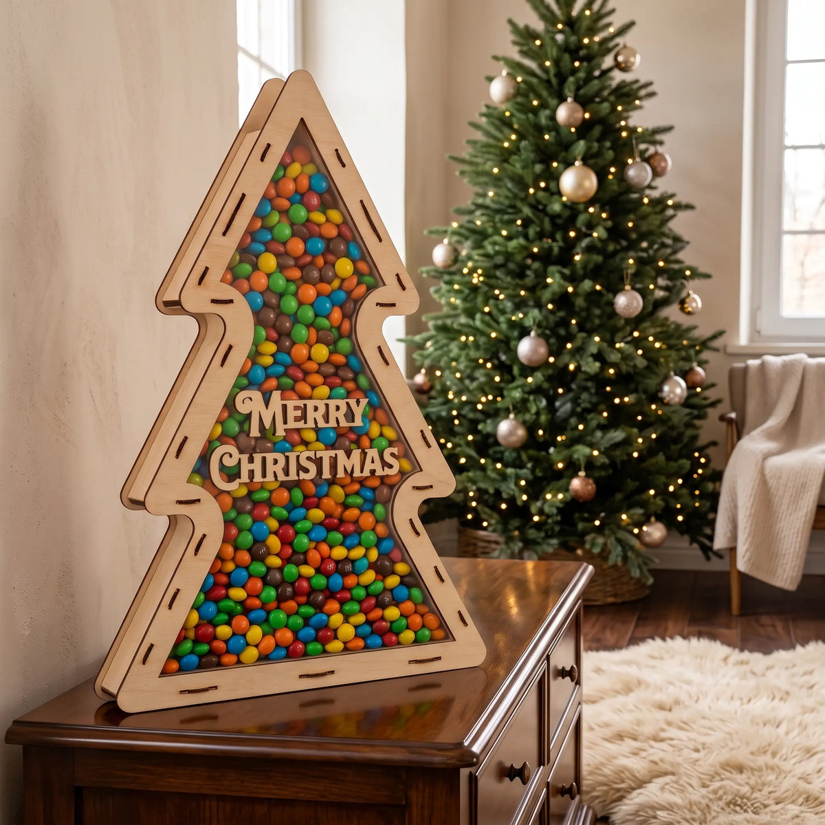 Laser cut plywood Christmas tree candy box filled with colorful sweets standing in front of a decorated tree.