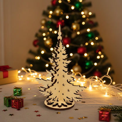 Elegant laser cut wooden Christmas tree decor in 3D standing form with snowflake-inspired cut patterns, placed against a cozy lighted Christmas tree background.