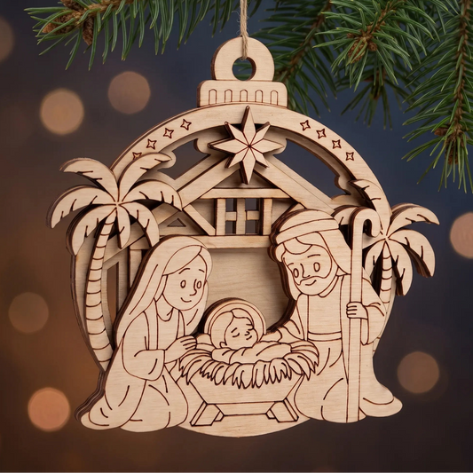 Layered laser cut plywood nativity scene bauble ornament hanging from pine bough against warm holiday bokeh lights