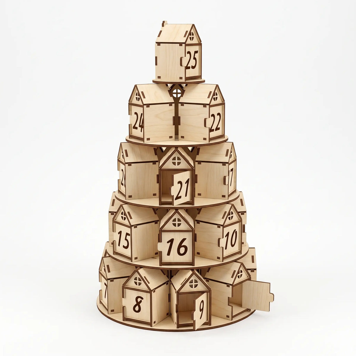 Tiered laser cut plywood tree advent calendar tower showing open hinged doors on miniature numbered houses