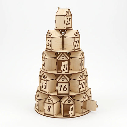 Tiered laser cut plywood tree advent calendar tower showing open hinged doors on miniature numbered houses