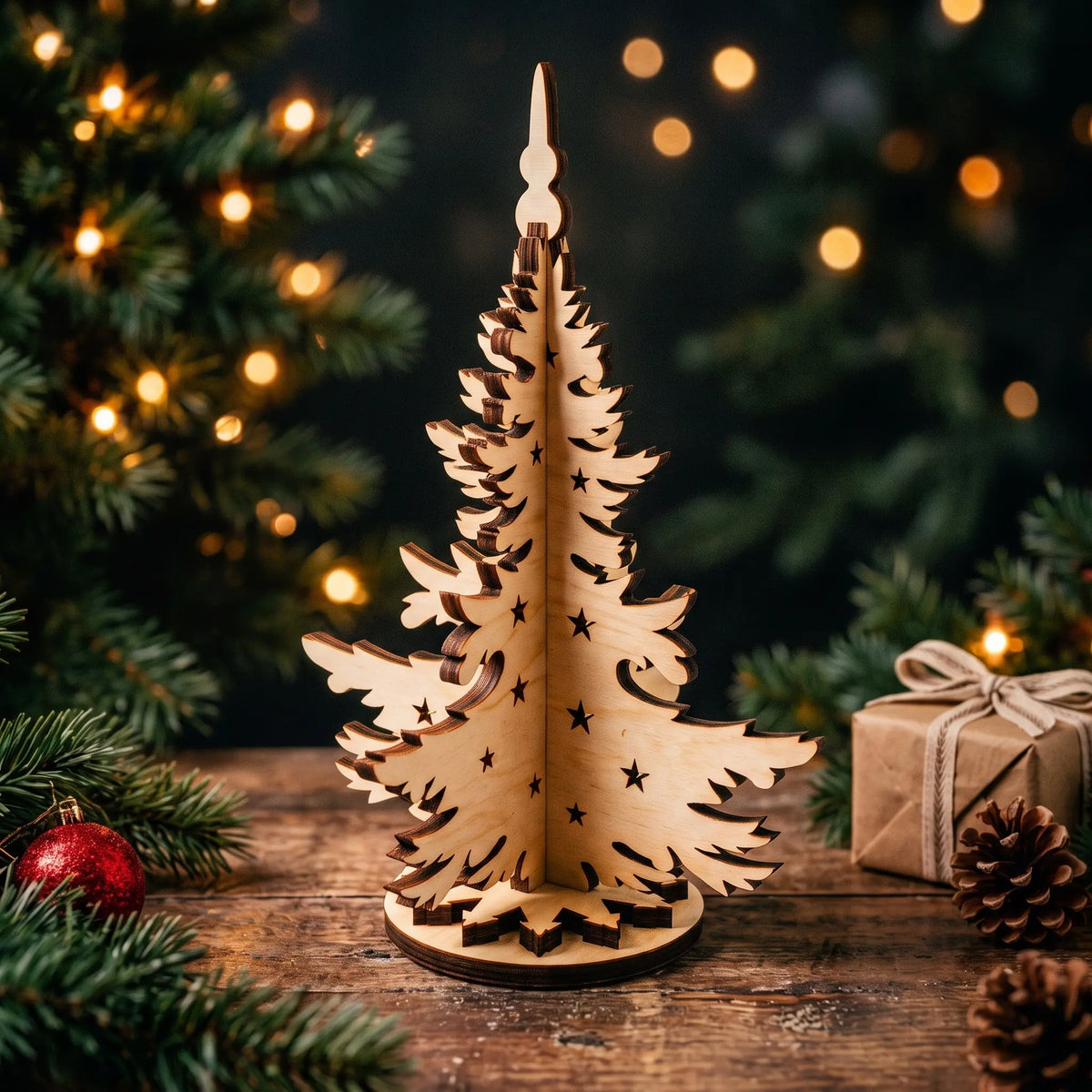 3D standing laser cut plywood Christmas tree with star cutouts on rustic table next to a wrapped gift.