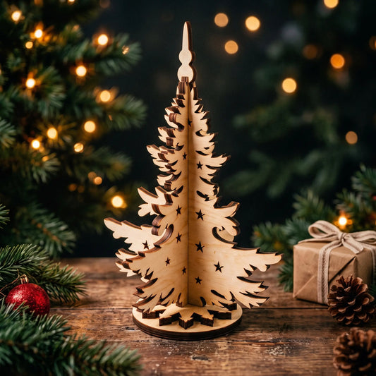 3D standing laser cut plywood Christmas tree with star cutouts on rustic table next to a wrapped gift.