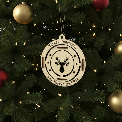 Interactive laser cut Christmas tree Ornament animal deer featuring a rotating deer silhouette with hanging baubles and "Merry Christmas and Happy New Year" text, set against a softly lit Christmas tree background.
