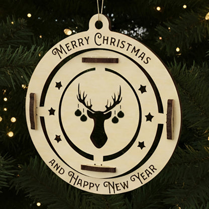Laser cut wooden Christmas tree Ornament animal deer with a spinning reindeer head wearing ornament earrings inside a festive engraved circle, displayed against a warm twinkling Christmas tree background.