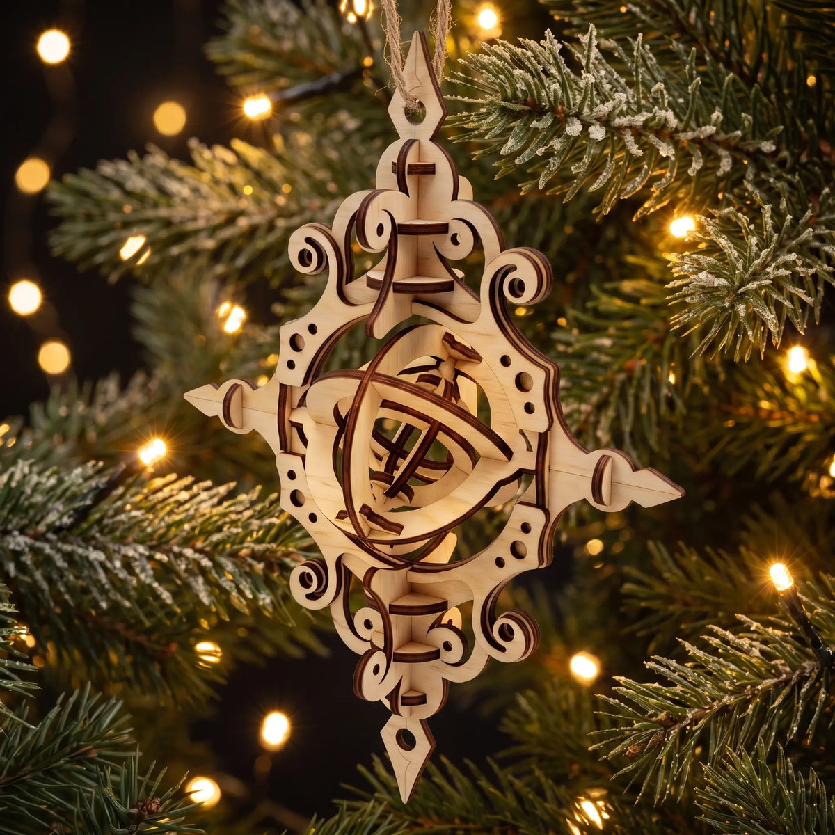 Intricate 3D laser cut plywood vintage bauble ornament with spinning center hanging from snowy pine branch.