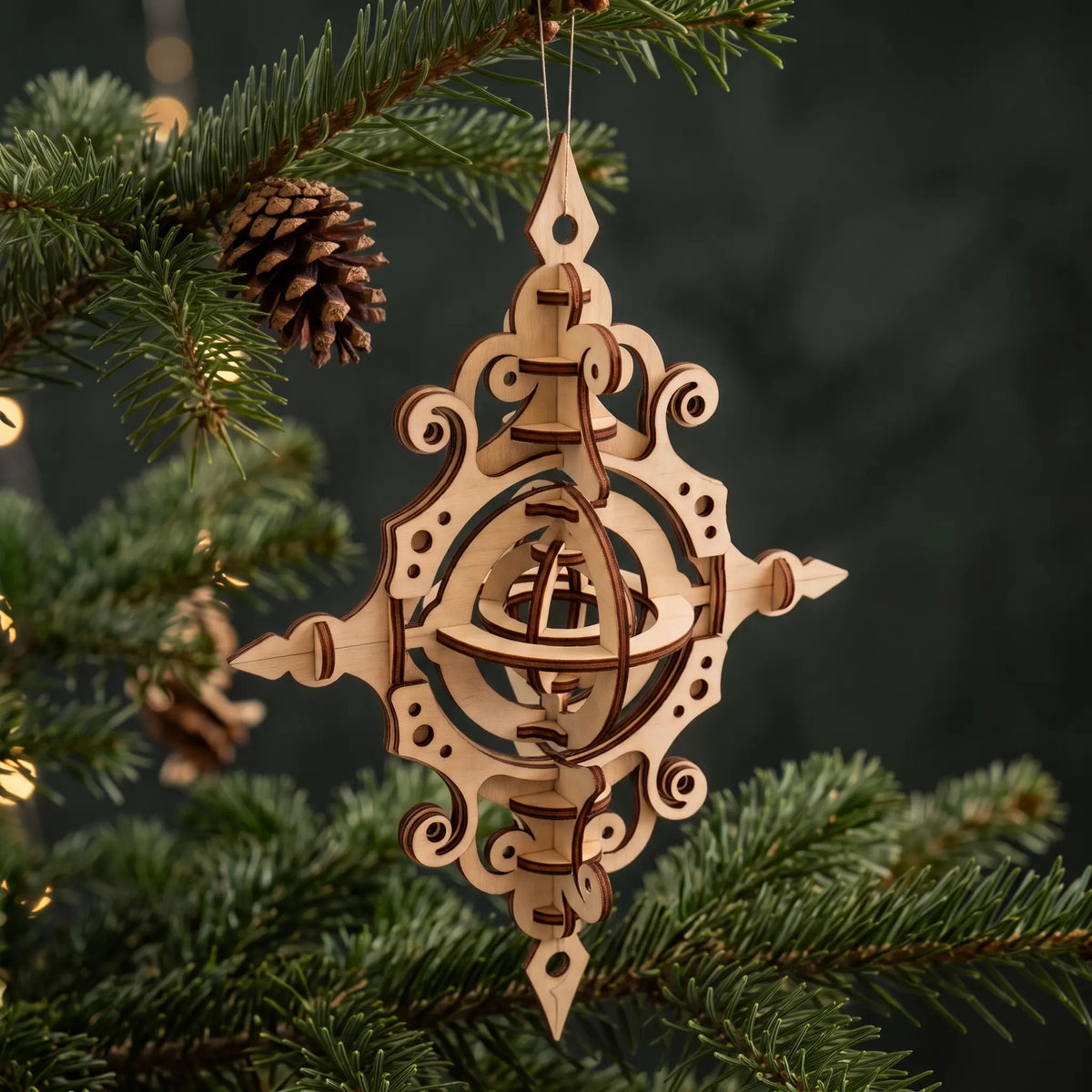 Kinetic 3D laser cut plywood teardrop ornament hanging on evergreen branch next to natural pinecone on green.