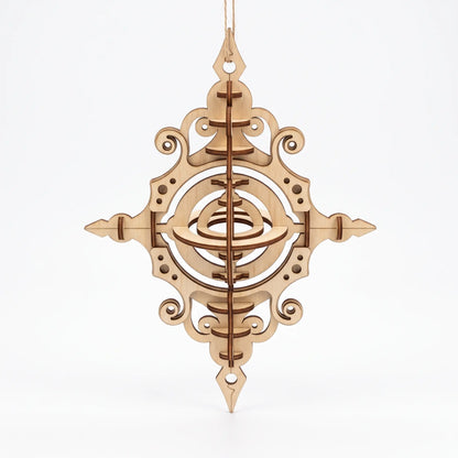 Frontal view of 3D layered laser cut plywood ornament showing rotating internal rings isolated on plain white.