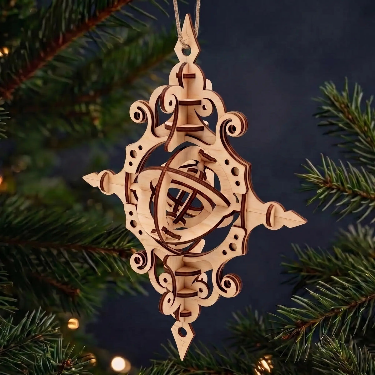 Rotating kinetic laser cut plywood Christmas pendant bauble suspended on jute twine against dark pine needles.