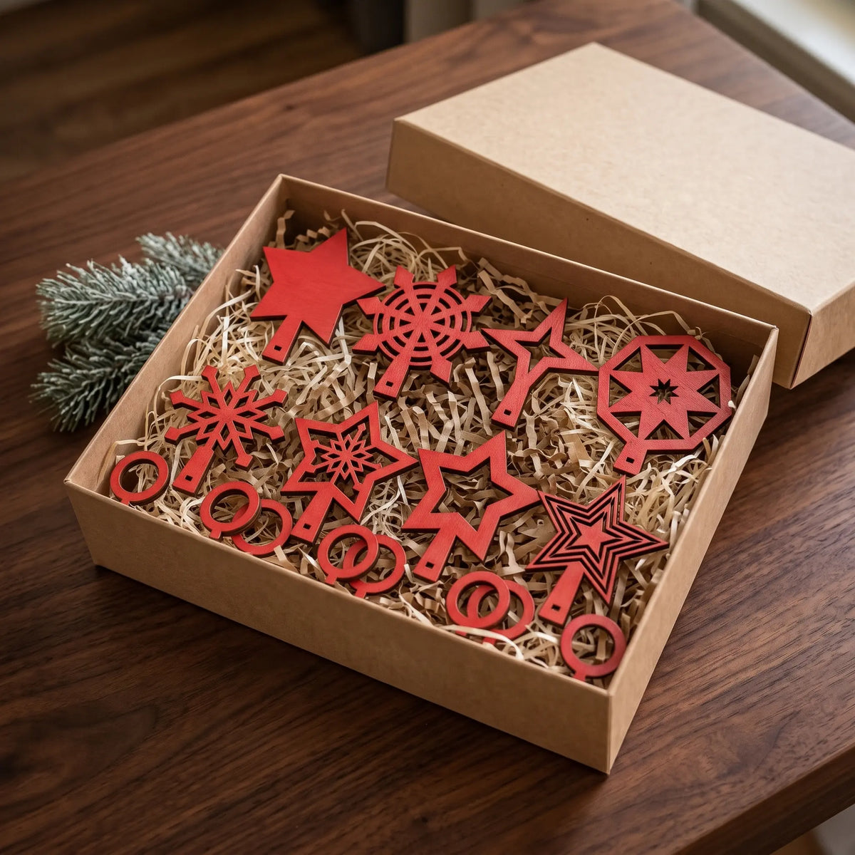 Set of red laser cut plywood Christmas tree toppers with ring mounts inside a gift craft box with paper filler on wood.