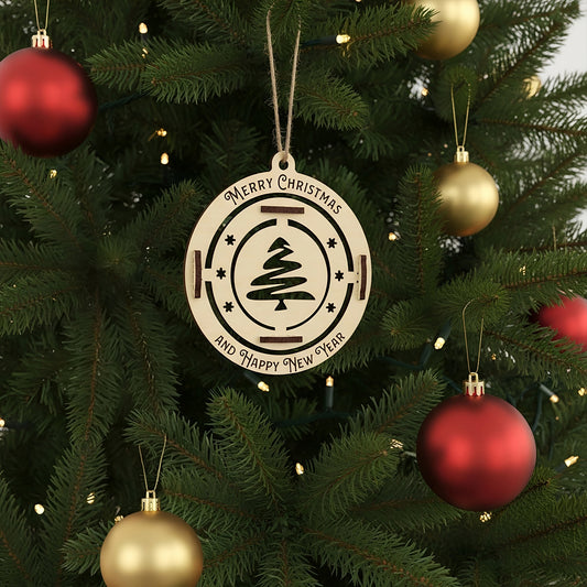 Interactive laser cut Christmas tree toy Happy New Year featuring a rotating Christmas tree design surrounded by festive stars and greetings, set against a twinkling Christmas tree background.