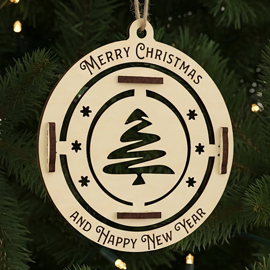 Laser cut wooden Christmas tree toy Happy New Year with a spinning stylized Christmas tree silhouette in the center and "Merry Christmas and Happy New Year" engraving, displayed against a warm lighted Christmas tree background.