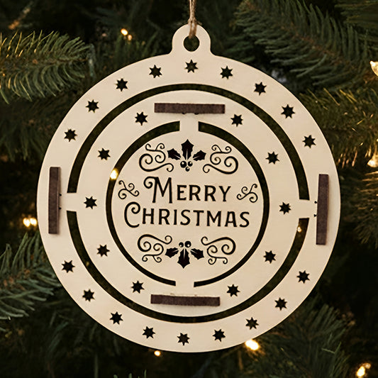 Laser cut wooden Christmas tree toy Xmas with a spinning inner ring of holly leaves and "Merry Christmas" greeting surrounded by star cut-outs, displayed against a warm twinkling Christmas tree background.