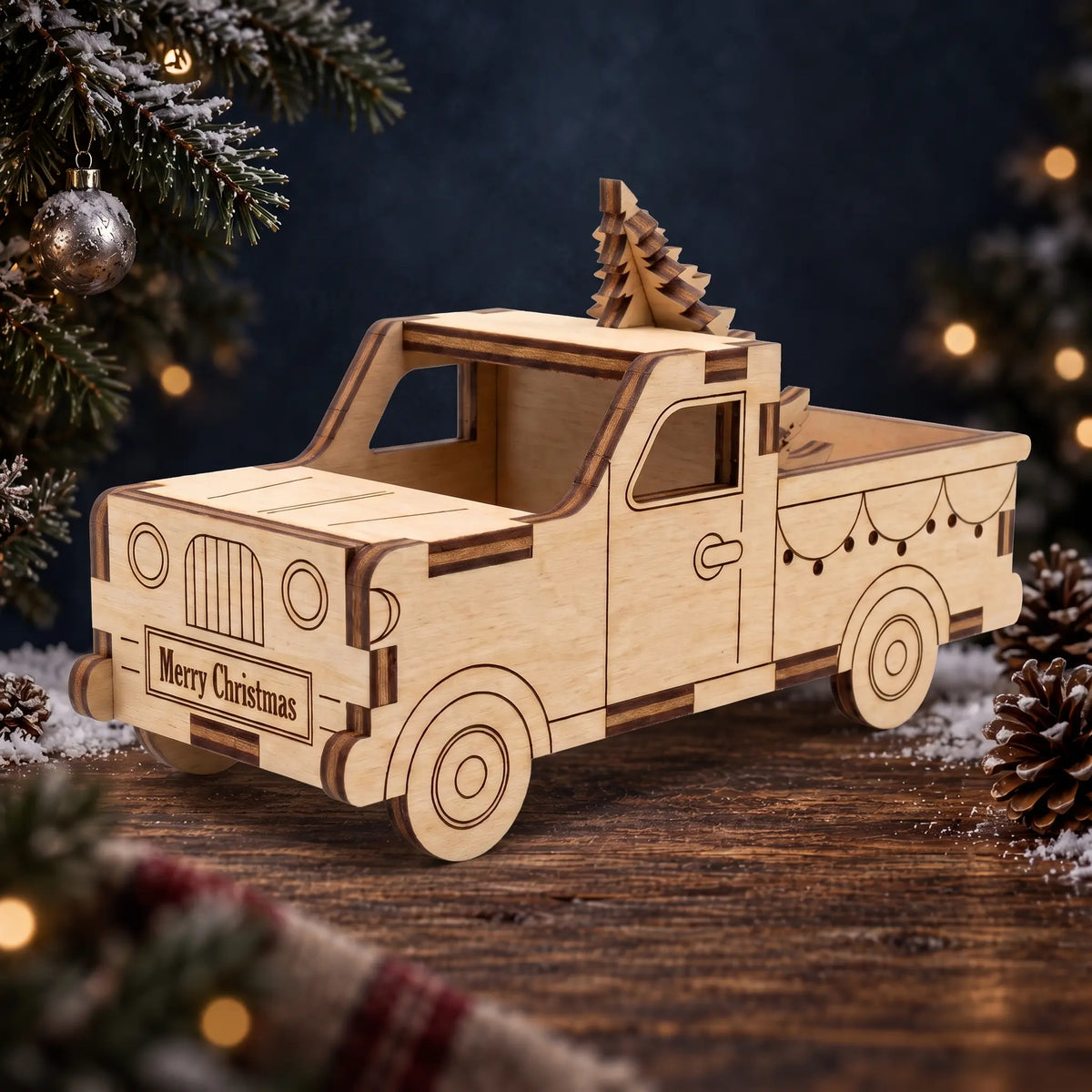 Laser cut plywood vintage pickup truck with pine tree on rustic wood table with snow, pinecones, and tree lights.