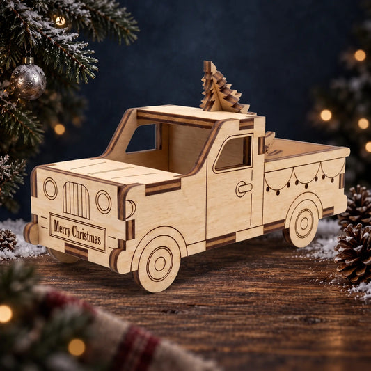 Laser cut plywood vintage pickup truck with pine tree on rustic wood table with snow, pinecones, and tree lights.