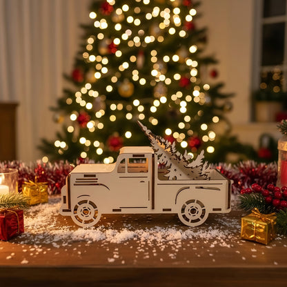 Intricate laser cut Christmas truck with Christmas tree decoration featuring a vintage pickup loaded with a holiday tree, set against a warm festive lights and blurred ornaments background.