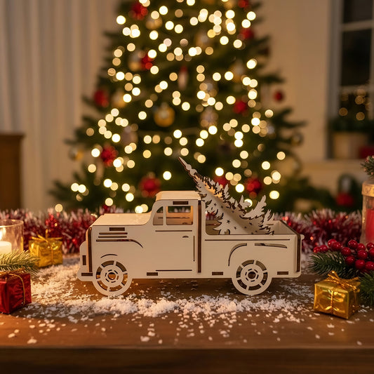 Intricate laser cut Christmas truck with Christmas tree decoration featuring a vintage pickup loaded with a holiday tree, set against a warm festive lights and blurred ornaments background.