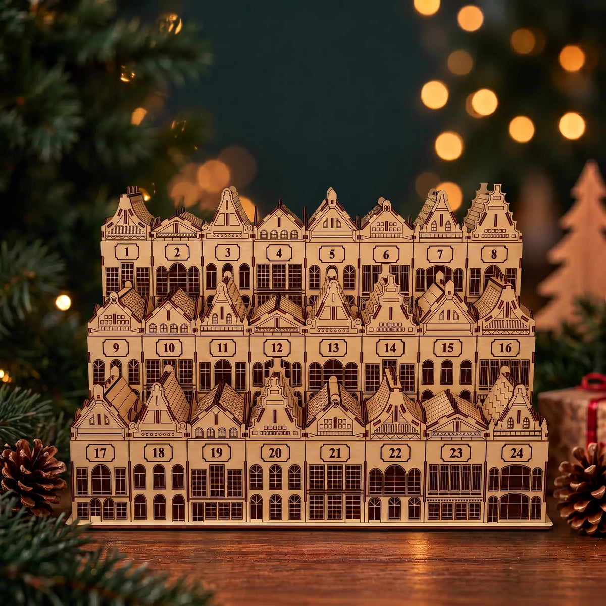 Three-tier laser cut plywood Christmas village advent calendar with numbered house boxes beside fairy lights.