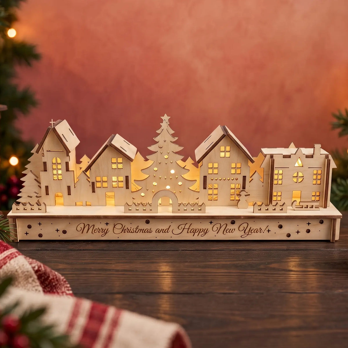 Illuminated laser cut plywood holiday village diorama glowing on dark wood table next to cozy lantern.