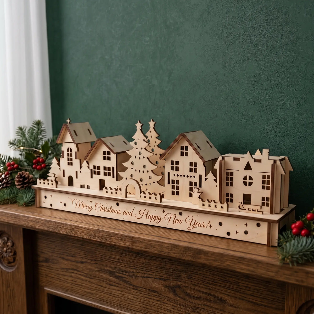 Laser cut plywood Christmas village mantel display on wooden shelf with pine garland and berry accents.