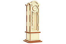 Load image into Gallery viewer, Experience the Pendulum Clock cabinet design in full 3D with this laser cut plywood model, complete with intricate details and a moving pendulum

