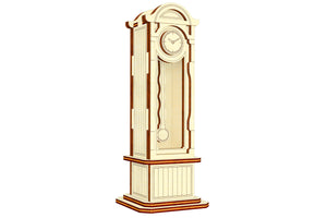 Experience the Pendulum Clock cabinet design in full 3D with this laser cut plywood model, complete with intricate details and a moving pendulum