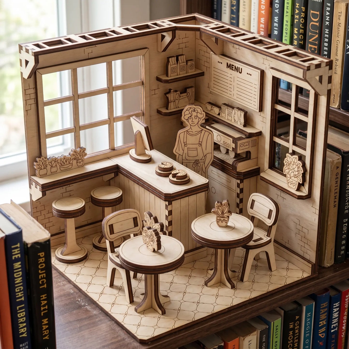 Laser cut model of a coffee shop miniature on a bookshelf with books around