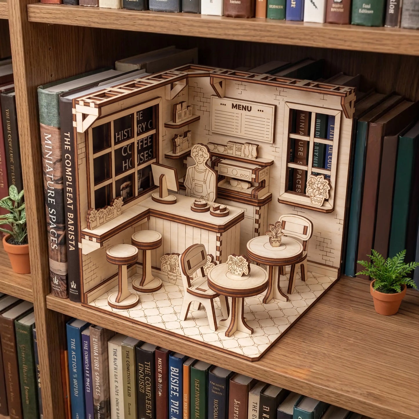 Miniature model of a coffeehouse scene on a bookshelf with books around