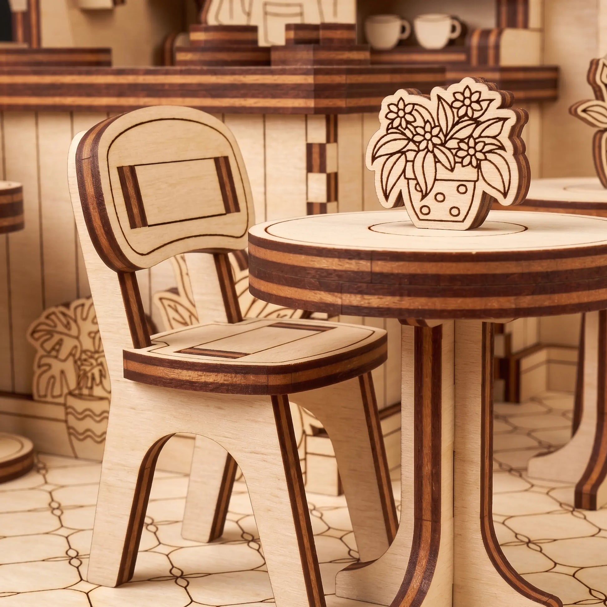 Wooden chair and table set with decorative elements in a warm-toned room.
