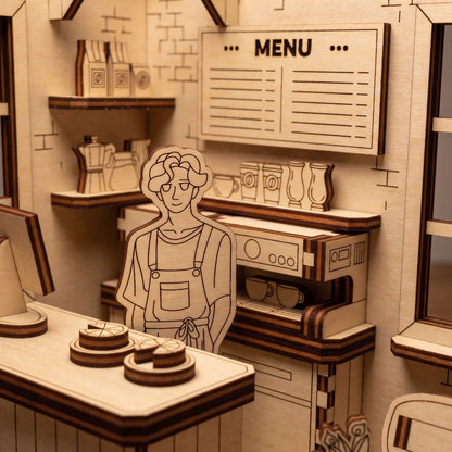 Wooden cutout of a person in an apron standing in a kitchen with shelves and a menu board.