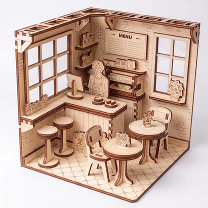 Wooden model of a cafe interior with tables, chairs, and a counter.