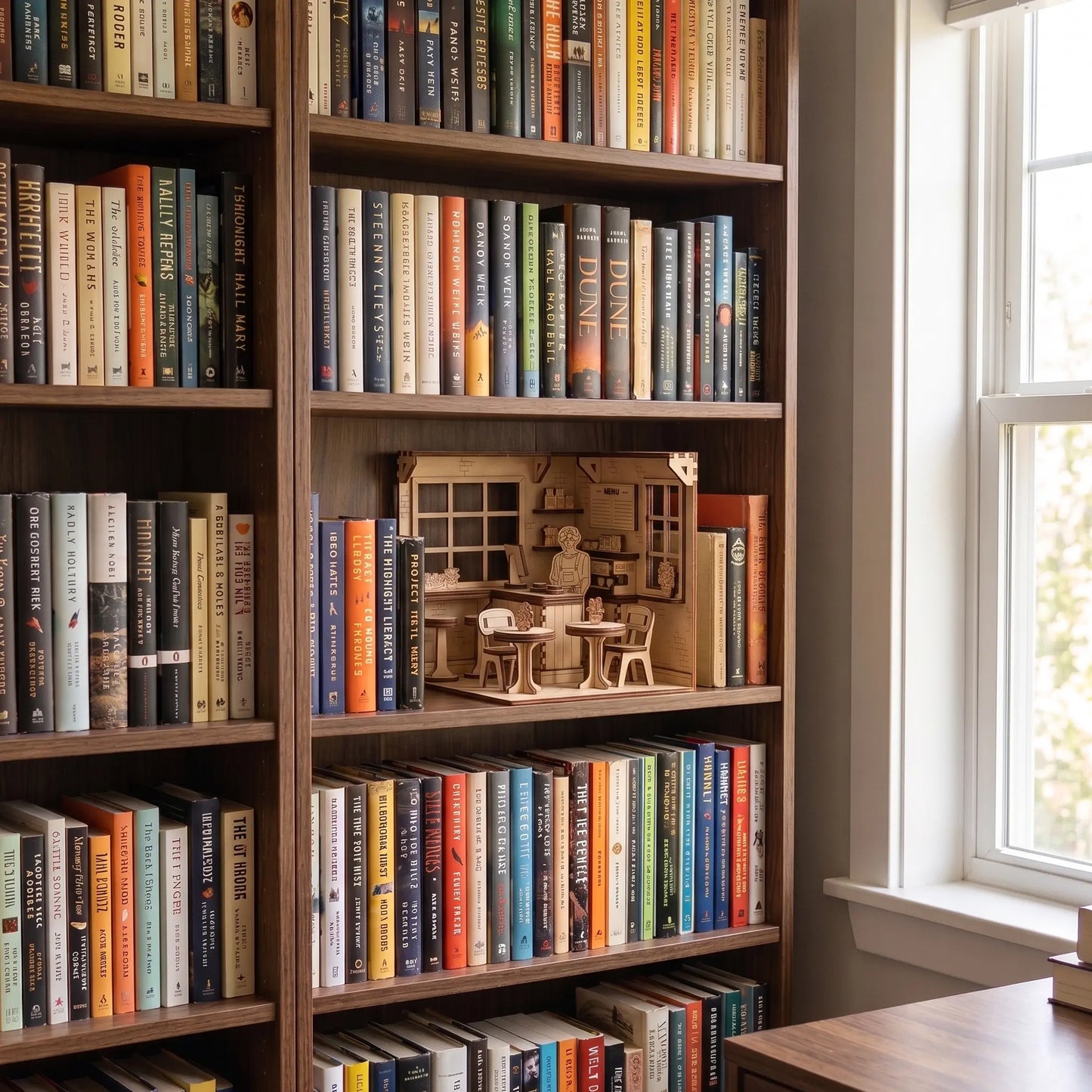 Bookshelf filled with books and a small model house on a windowsill.