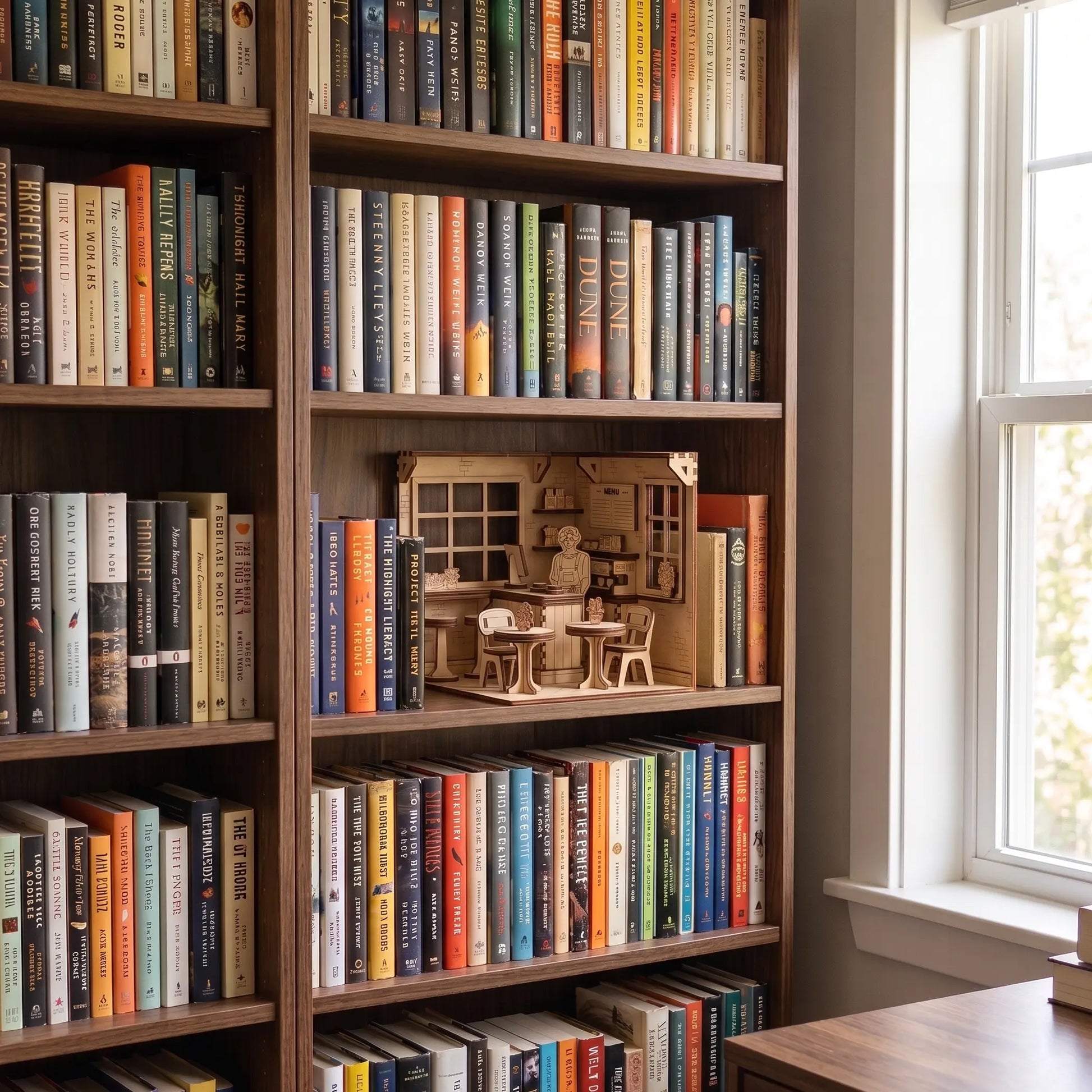 Bookshelf filled with books and a small model house on a windowsill.