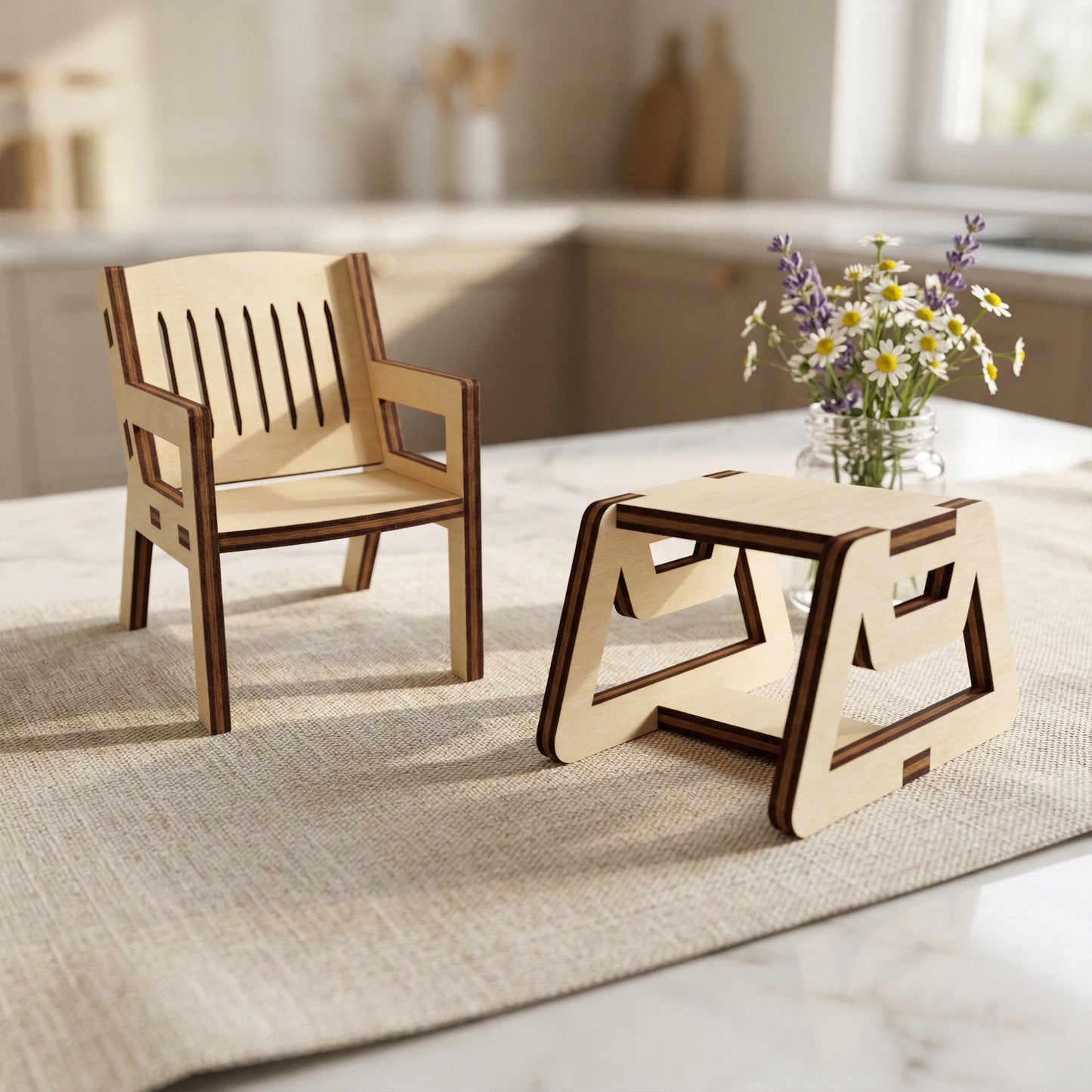 Close-up of a miniature laser cut plywood armchair and geometric stool. The chair features a vertical slotted backrest, while the stool shows a sturdy, angular design. The natural light emphasizes the smooth, light-colored wood texture.