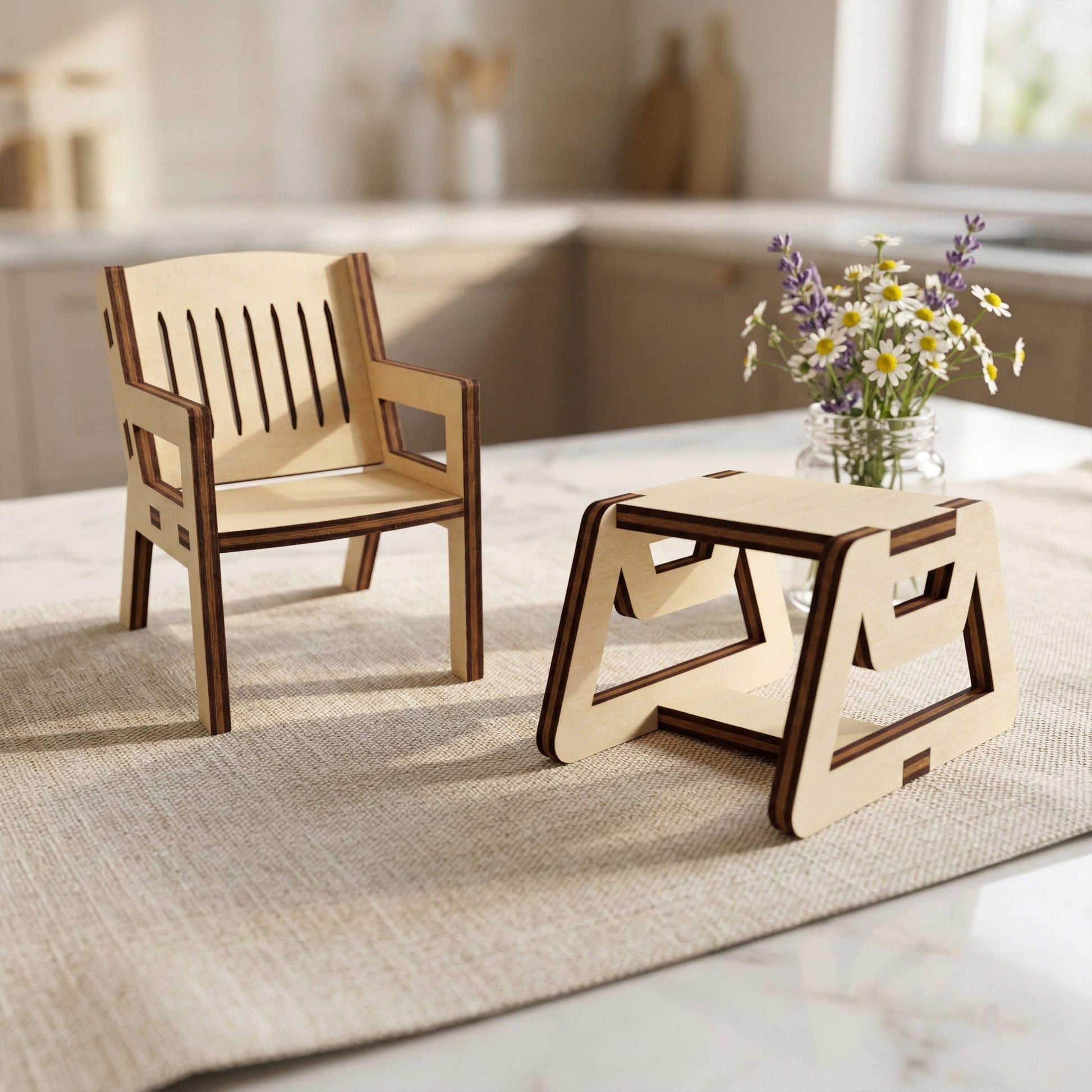 Close-up of a miniature laser cut plywood armchair and geometric stool. The chair features a vertical slotted backrest, while the stool shows a sturdy, angular design. The natural light emphasizes the smooth, light-colored wood texture.